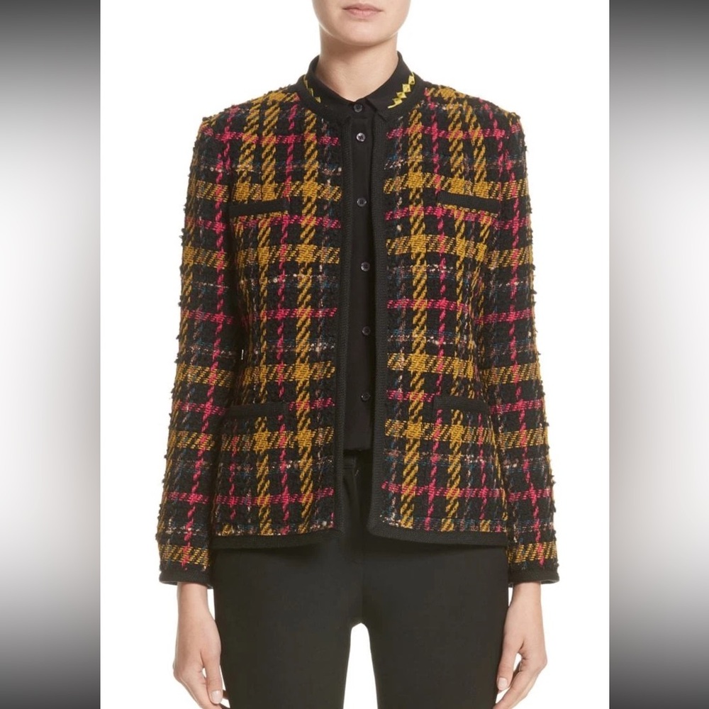 Etro plaid blazer knit textured Jacket in black yellow pink wool blend -EU40